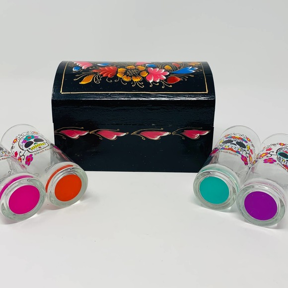 Vintage Halloween Sugar Skull Barware Shot GlassSet With Hand Painted Wood Box - Picture 3 of 12